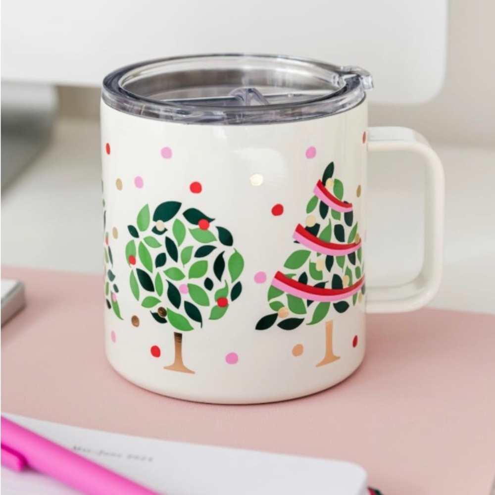 KATE SPADE MUG HOLIDAY INSULATED TUMBLER HOT COLD LIDDED CHRISTMAS TREE 16Oz NWT - Picture 2 of 2